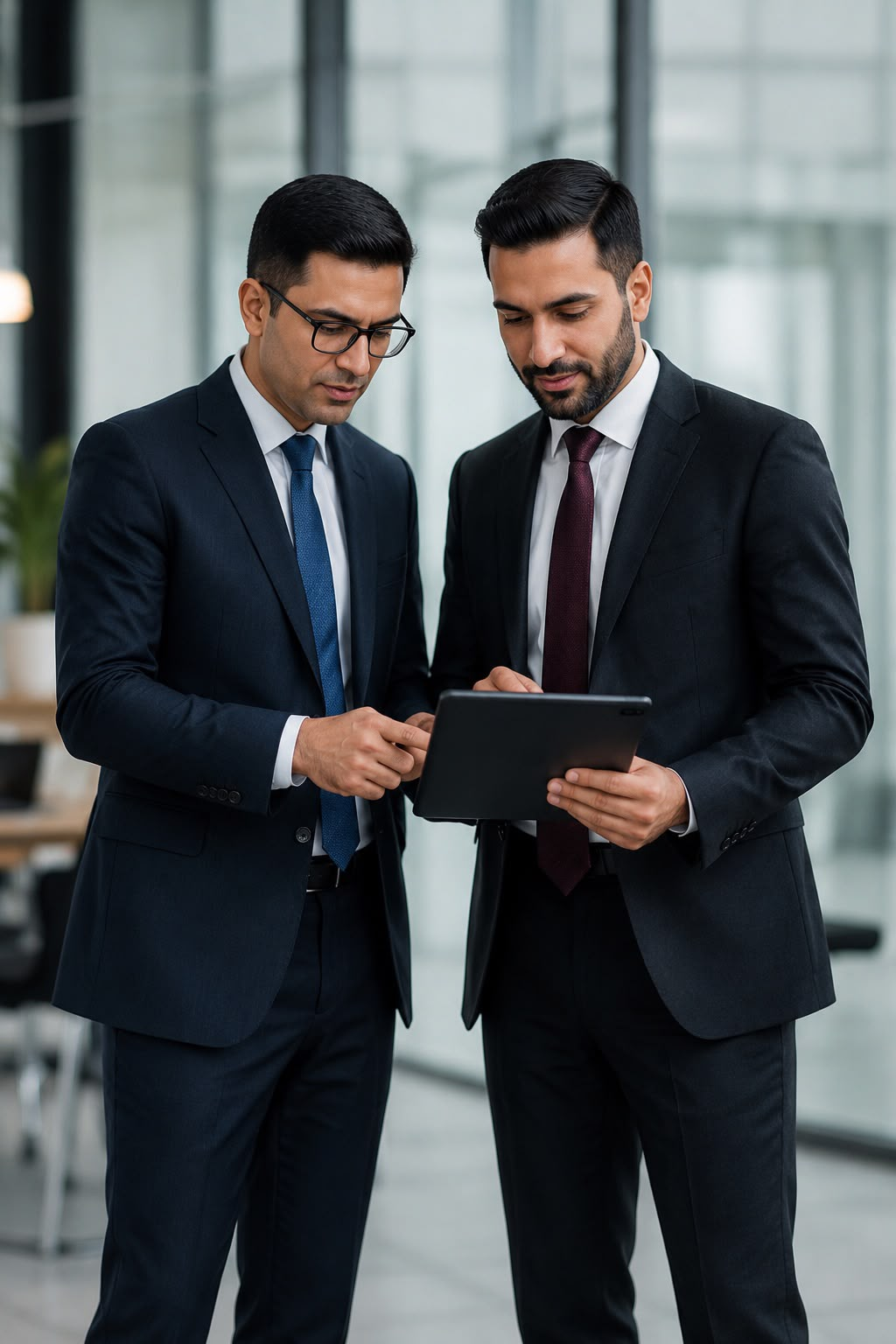 Two Secure Wealth advisors in suits reviewing information on a tablet