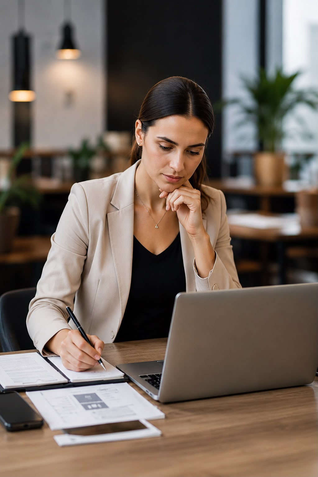Businesswoman reviewing documents at a laptop in a modern office